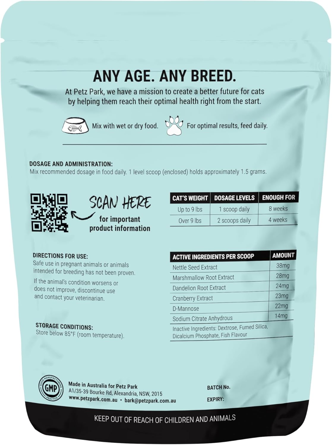 Petz Park Urinary and Kidney Powder Supplement for Cats 60 Servicios 90Gr.