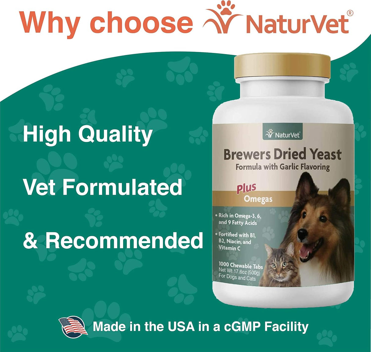 NaturVet Brewer’s Dried Yeast Formula with Garlic Flavoring Plus Omegas 1000 Tabletas Masticables