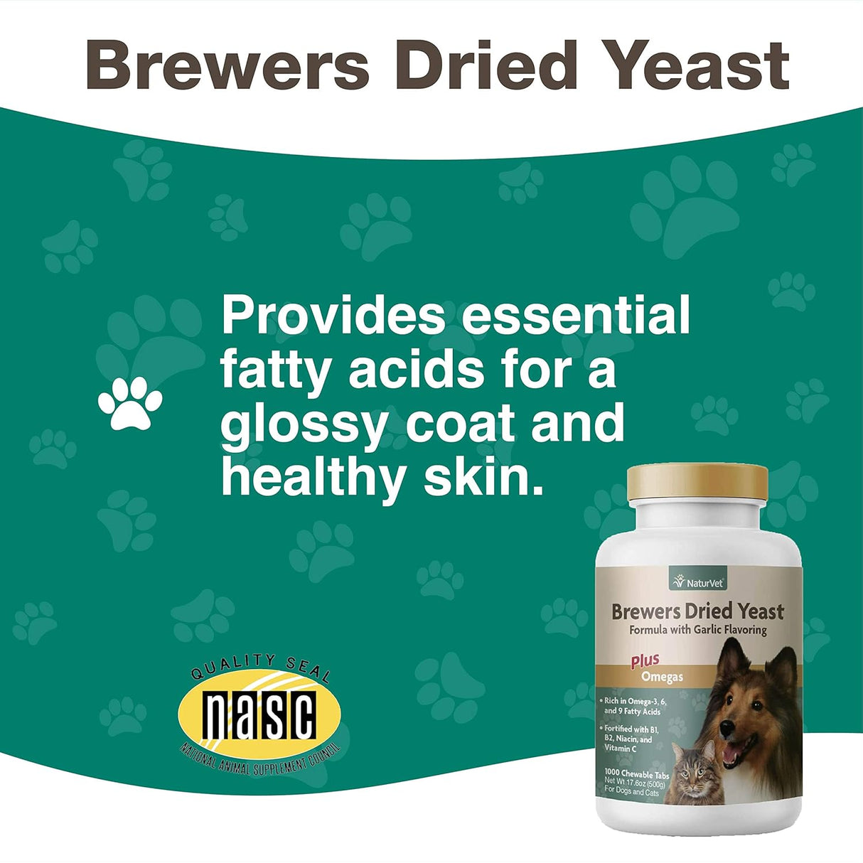 NaturVet Brewer’s Dried Yeast Formula with Garlic Flavoring Plus Omegas 1000 Tabletas Masticables