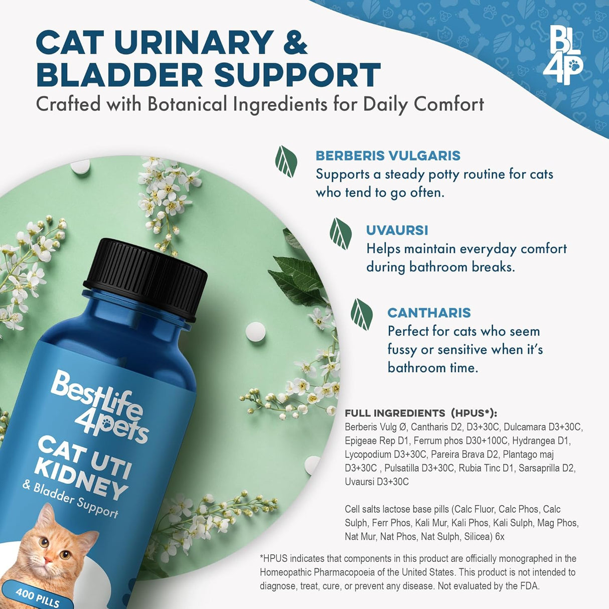 BestLife4Pets Cat UTI Remedy & Kidney Support for Cats 400 Tabletas