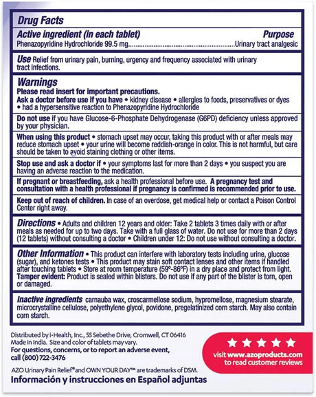 AZO - AZO Urinary Pain Relief Maximum Strength 24 Tabletas - The Red Vitamin MX - Suplementos Alimenticios - {{ shop.shopifyCountryName }}