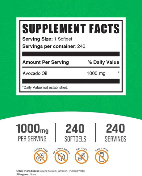 BULK SUPPLEMENTS - Bulk Supplements Avocado Oil 1000Mg. 240 Capsulas Blandas - The Red Vitamin MX - Suplementos Alimenticios - {{ shop.shopifyCountryName }}