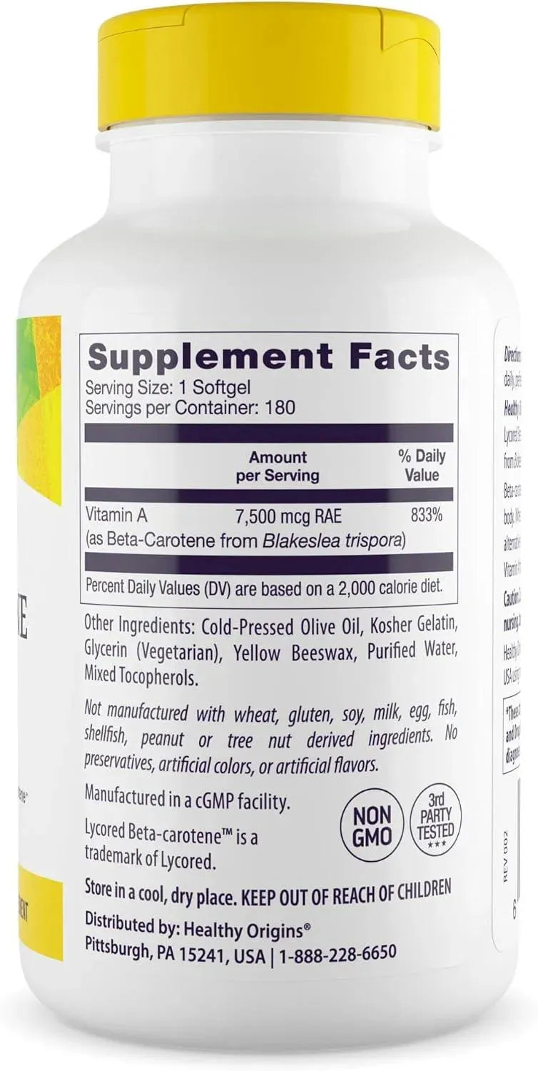 HEALTHY ORIGINS - Healthy Origins Beta-Carotene 25,000 IU 180 Capsulas Blandas - The Red Vitamin MX - Suplementos Alimenticios - {{ shop.shopifyCountryName }}